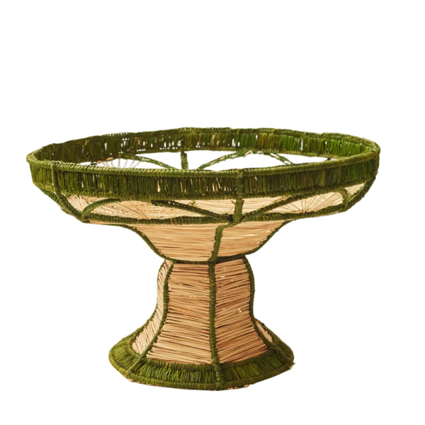 Deco pedestal fruit bowl in Green - handwoven Iraca palm, Usiacuri, Colombia
