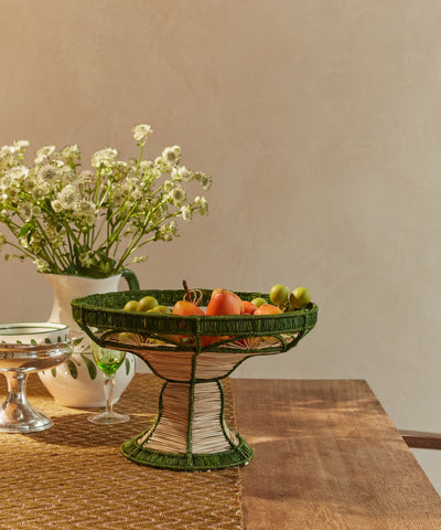 Green Iraca palm pedestal bowl - Art Deco open weave detail