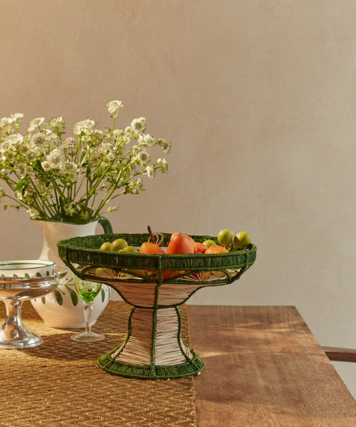 Green Iraca palm pedestal bowl - Art Deco open weave detail