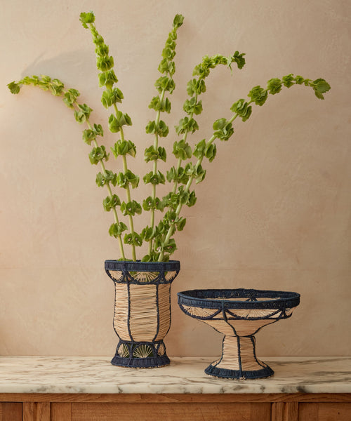 Deep Blue Iraca palm pedestal bowl - Art Deco open weave detail