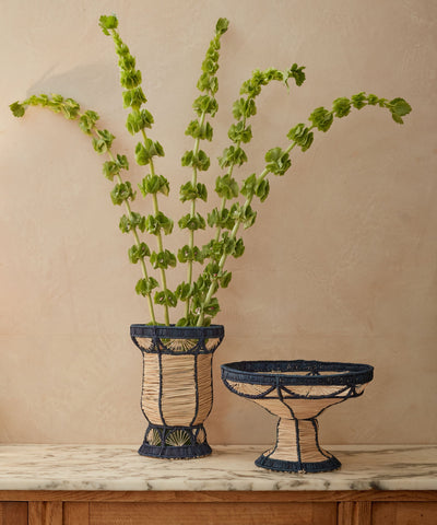 Deep Blue Iraca palm pedestal bowl - Art Deco open weave detail