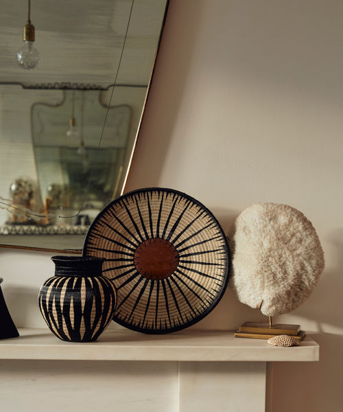 Lluvia bowl in black and white — handwoven Werregue palm, Wounaan artisans, Choco, Colombia