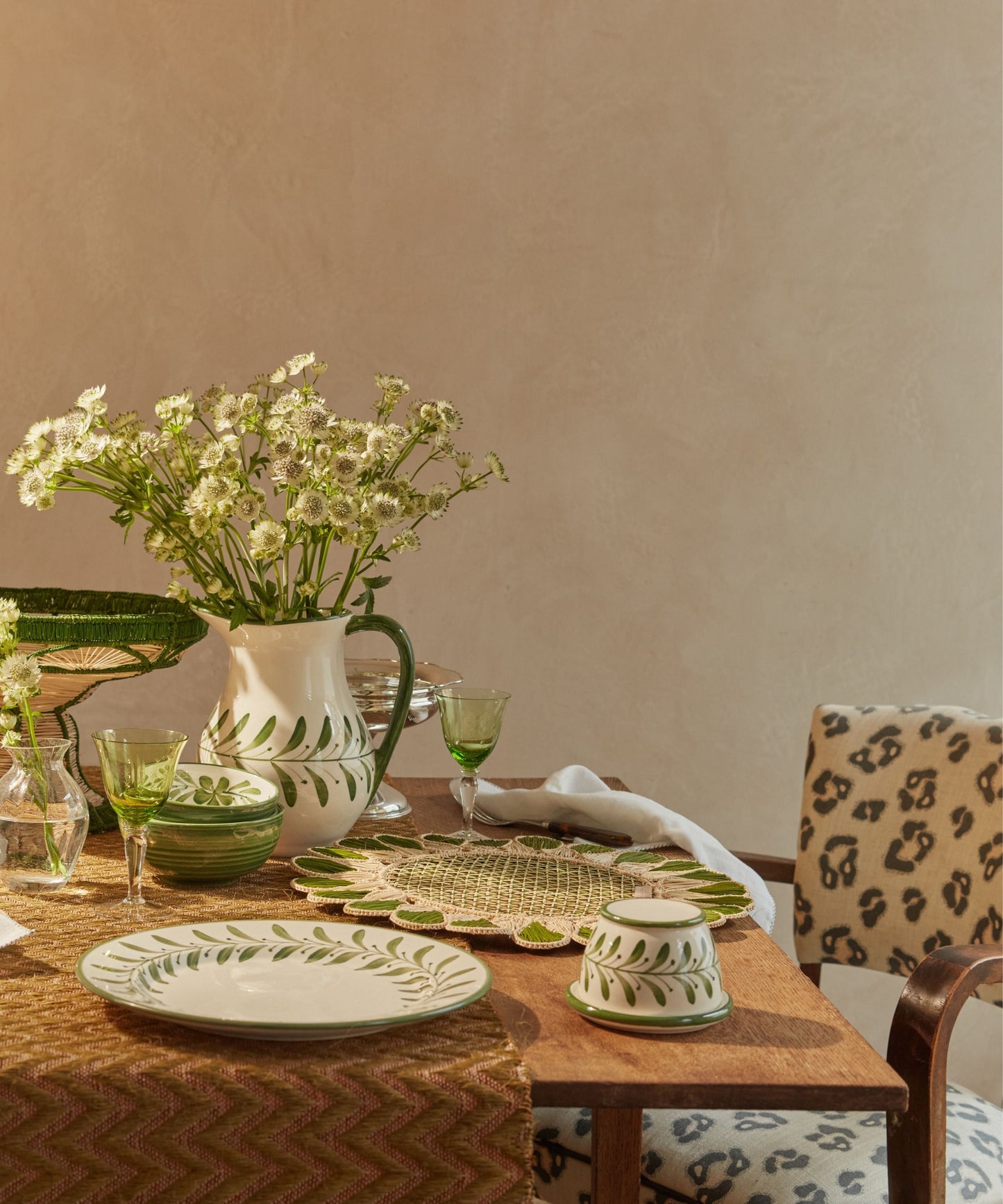 Helecho Side Plate Fern Green lifestyle — botanical ceramic on natural table setting
