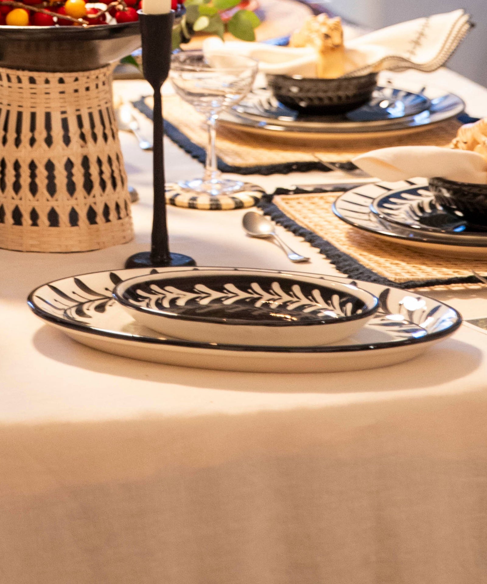 Jet Black Helecho serving platters with freehand white fern wreath, hand-painted ceramic