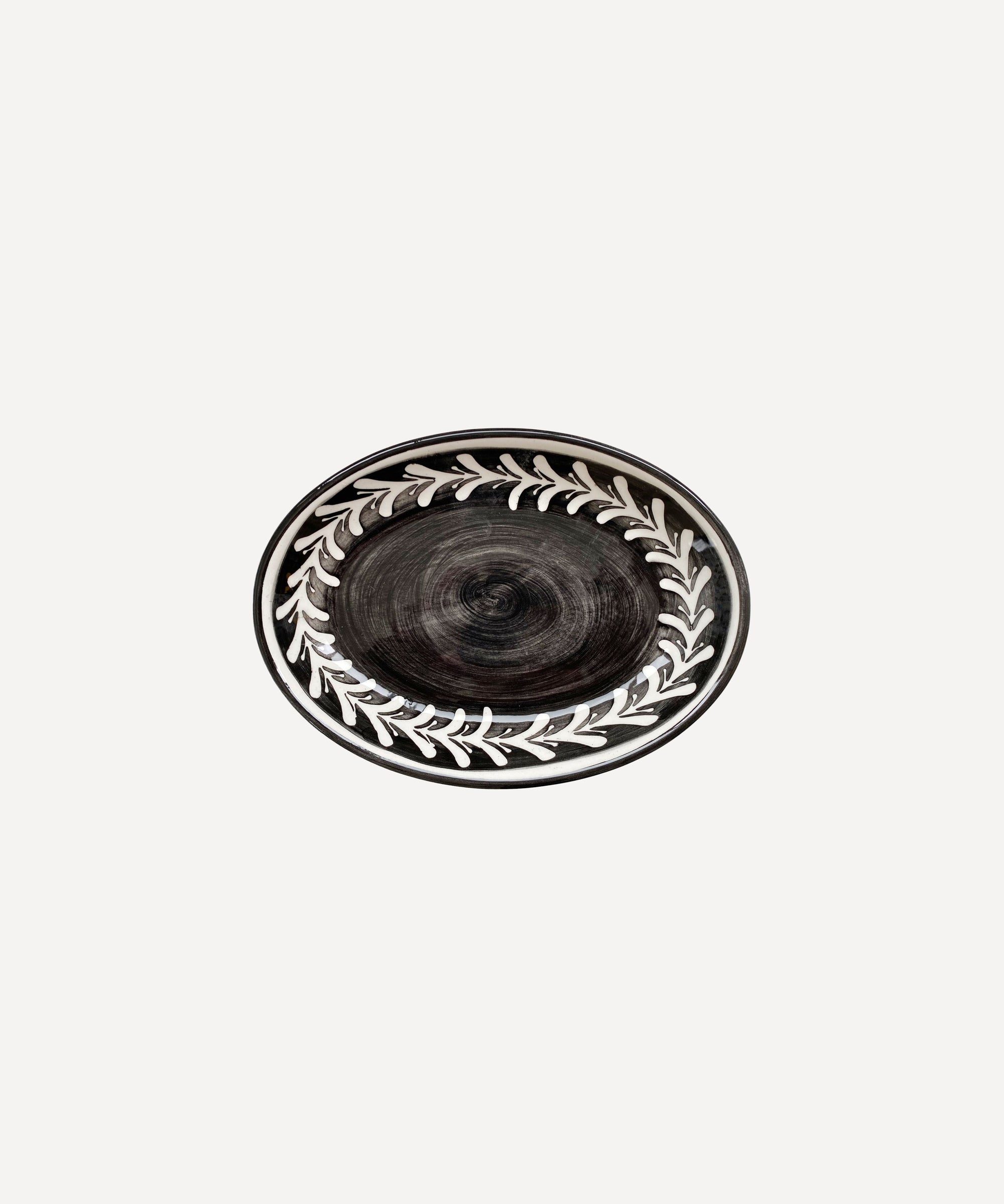 Helecho serving platter in Jet Black, freehand fern wreath on hand-painted ceramic