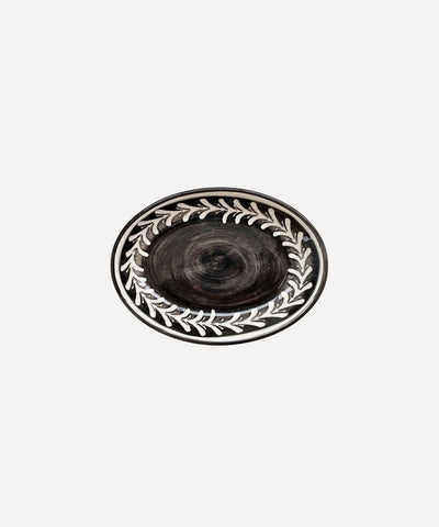 Helecho serving platter in Jet Black, freehand fern wreath on hand-painted ceramic
