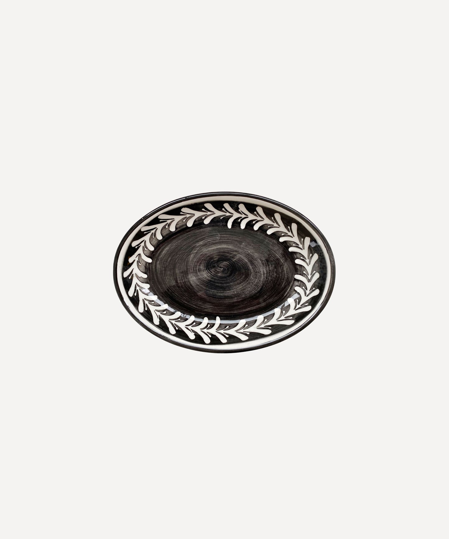 Helecho serving platter in Jet Black, freehand fern wreath on hand-painted ceramic