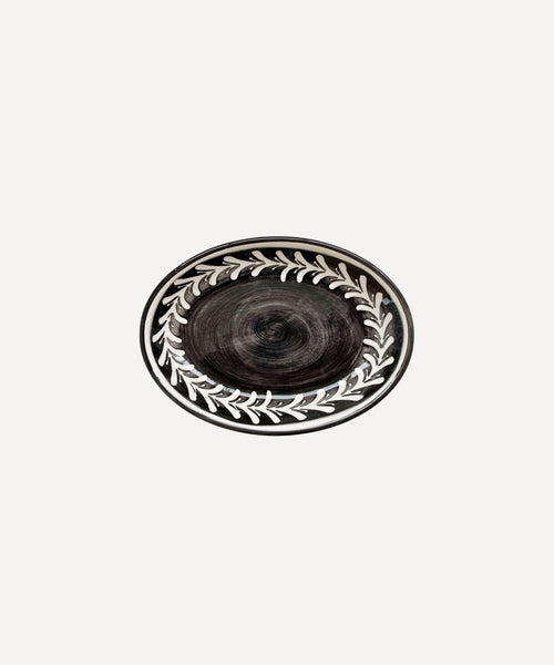 Helecho serving platter in Jet Black, freehand fern wreath on hand-painted ceramic