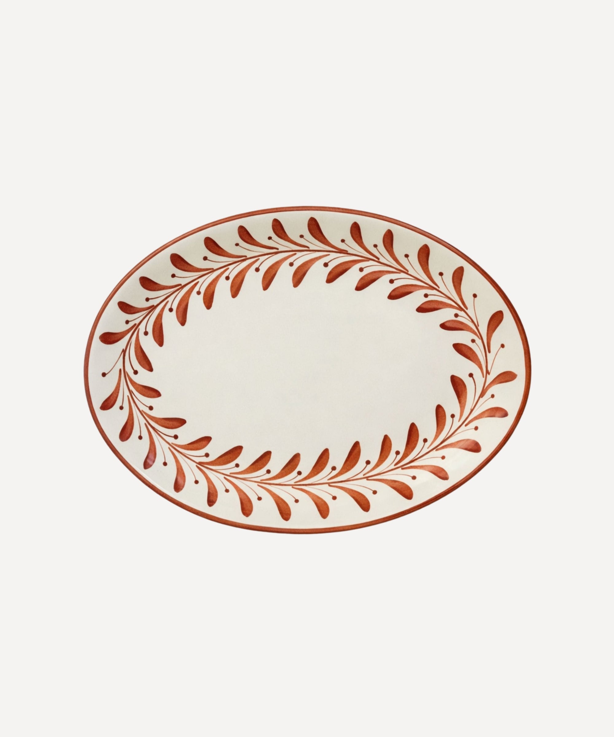 Large and small rust red Helecho serving platters, hand-painted fern wreath ceramic