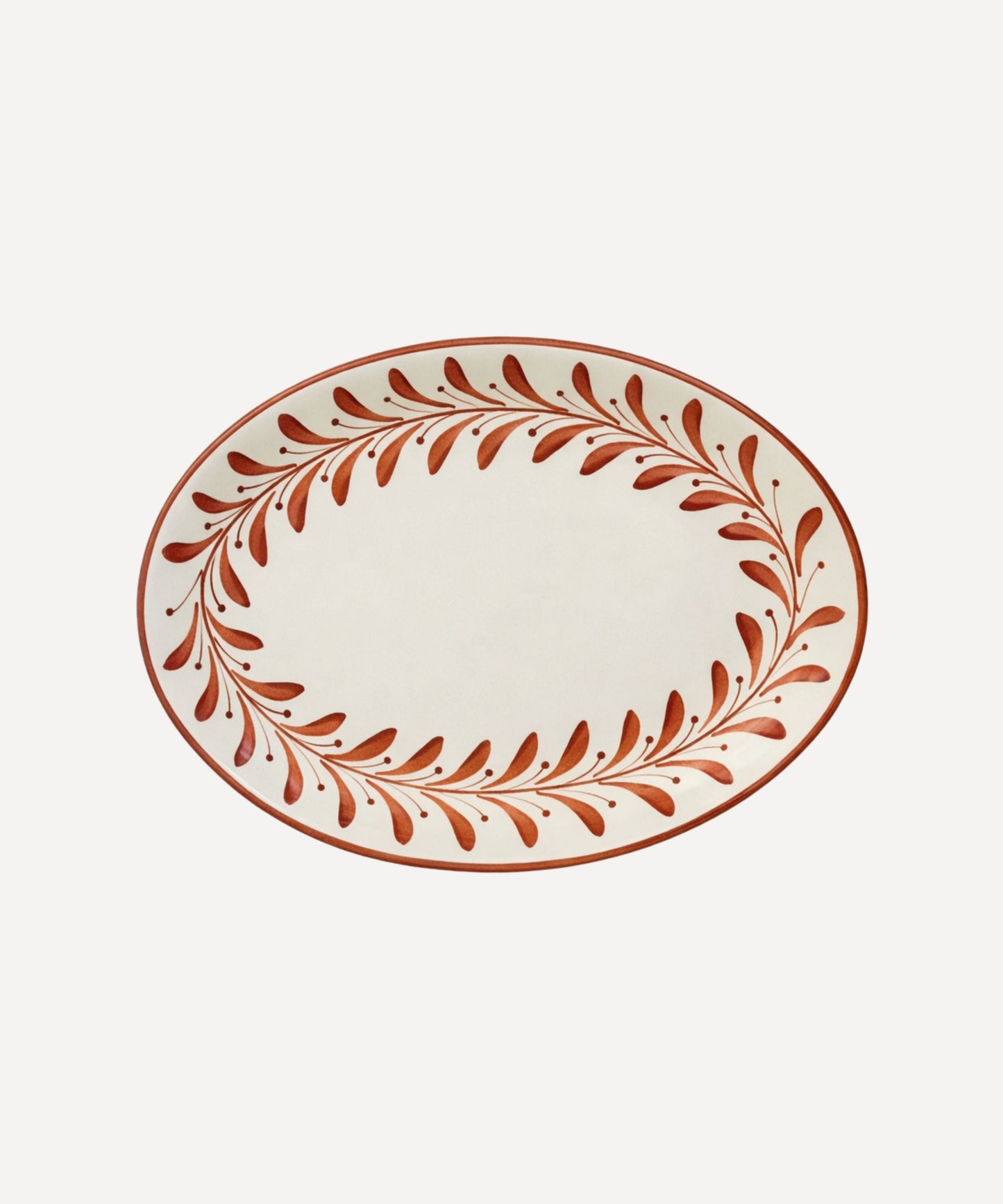 Large and small rust red Helecho serving platters, hand-painted fern wreath ceramic