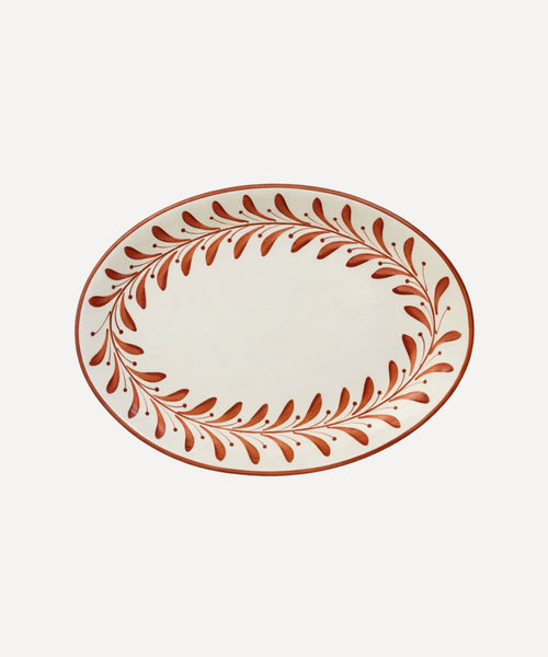 Large and small rust red Helecho serving platters, hand-painted fern wreath ceramic