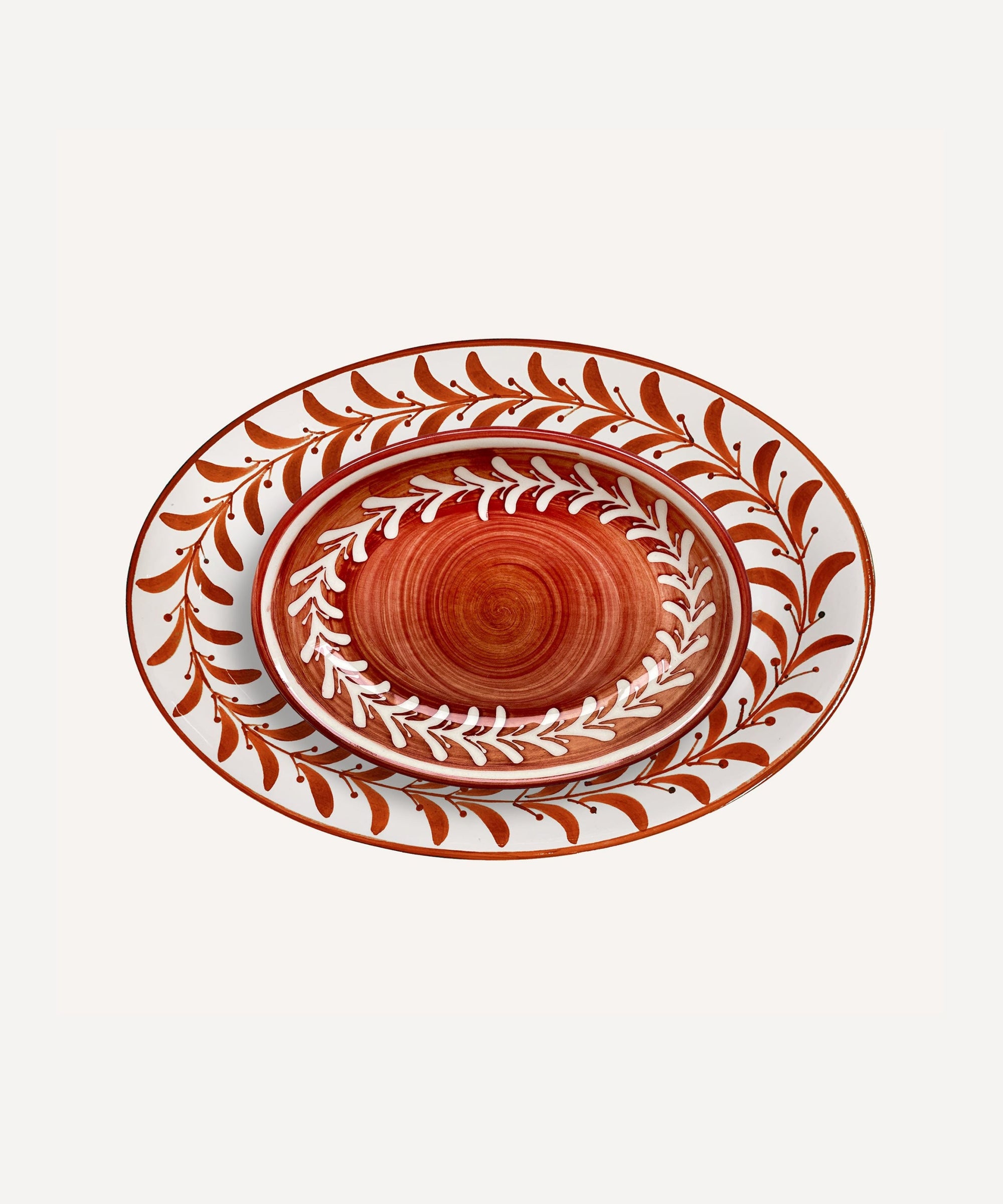 Helecho Serving Platter Set of 2 in Rust Red - hand-painted fern wreath ceramic, Carmen del Viboral, Colombia