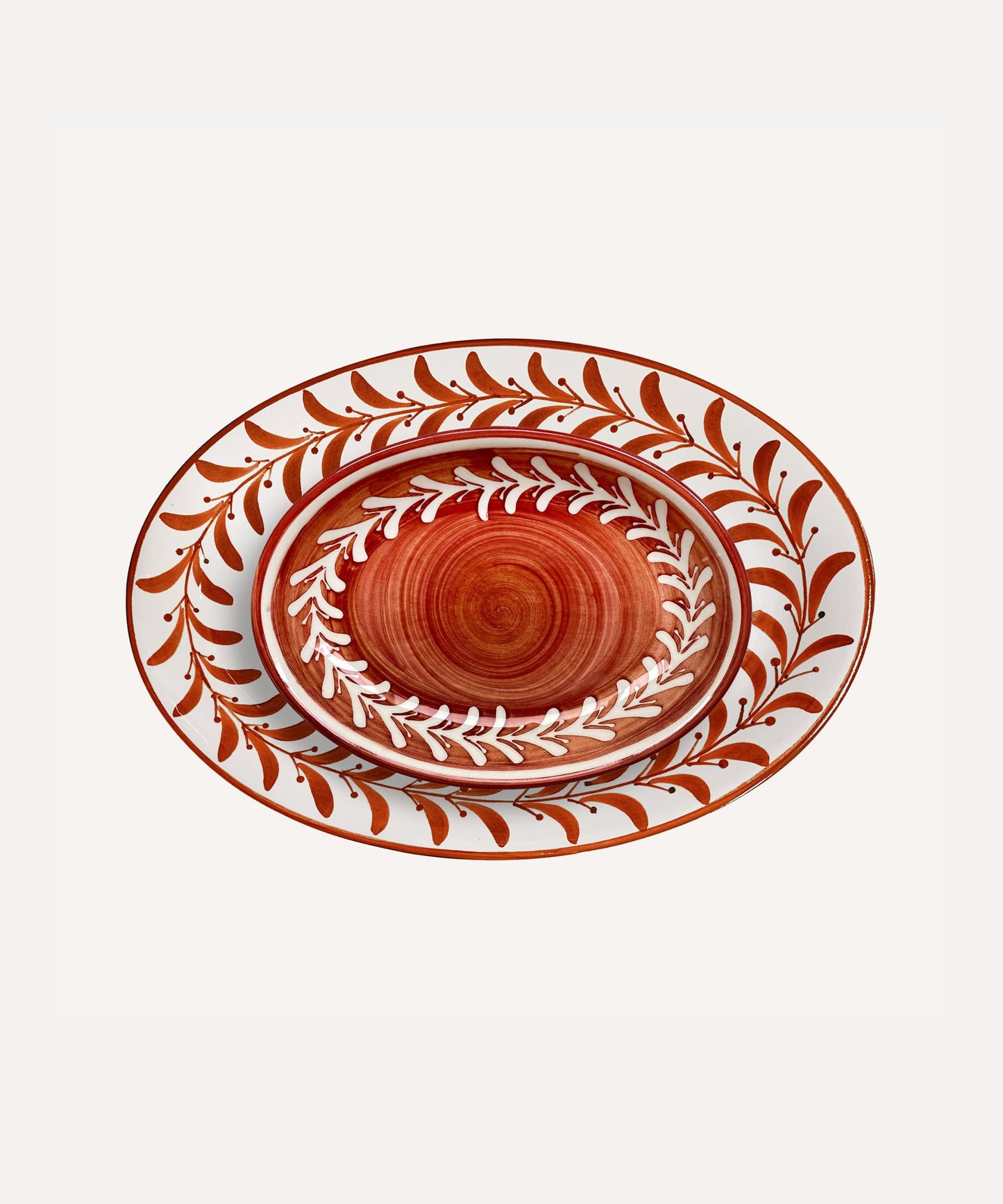 Helecho Serving Platter Set of 2 in Rust Red - hand-painted fern wreath ceramic, Carmen del Viboral, Colombia