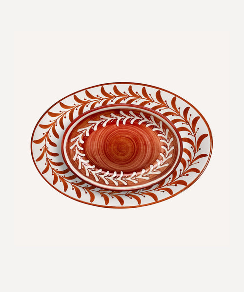 Helecho Serving Platter Set of 2 in Rust Red - hand-painted fern wreath ceramic, Carmen del Viboral, Colombia