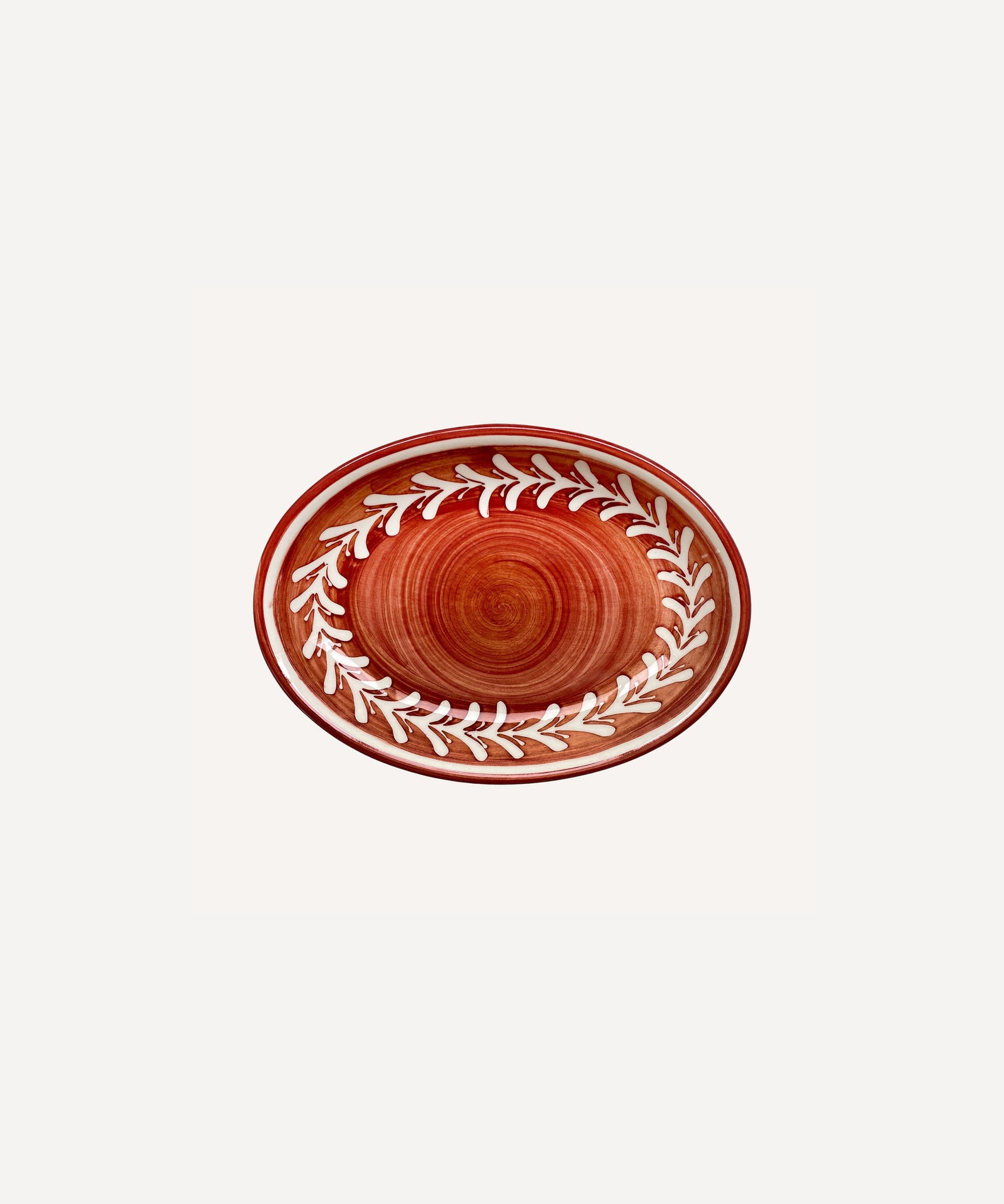 Helecho serving platter in rust red, freehand fern wreath on hand-painted ceramic