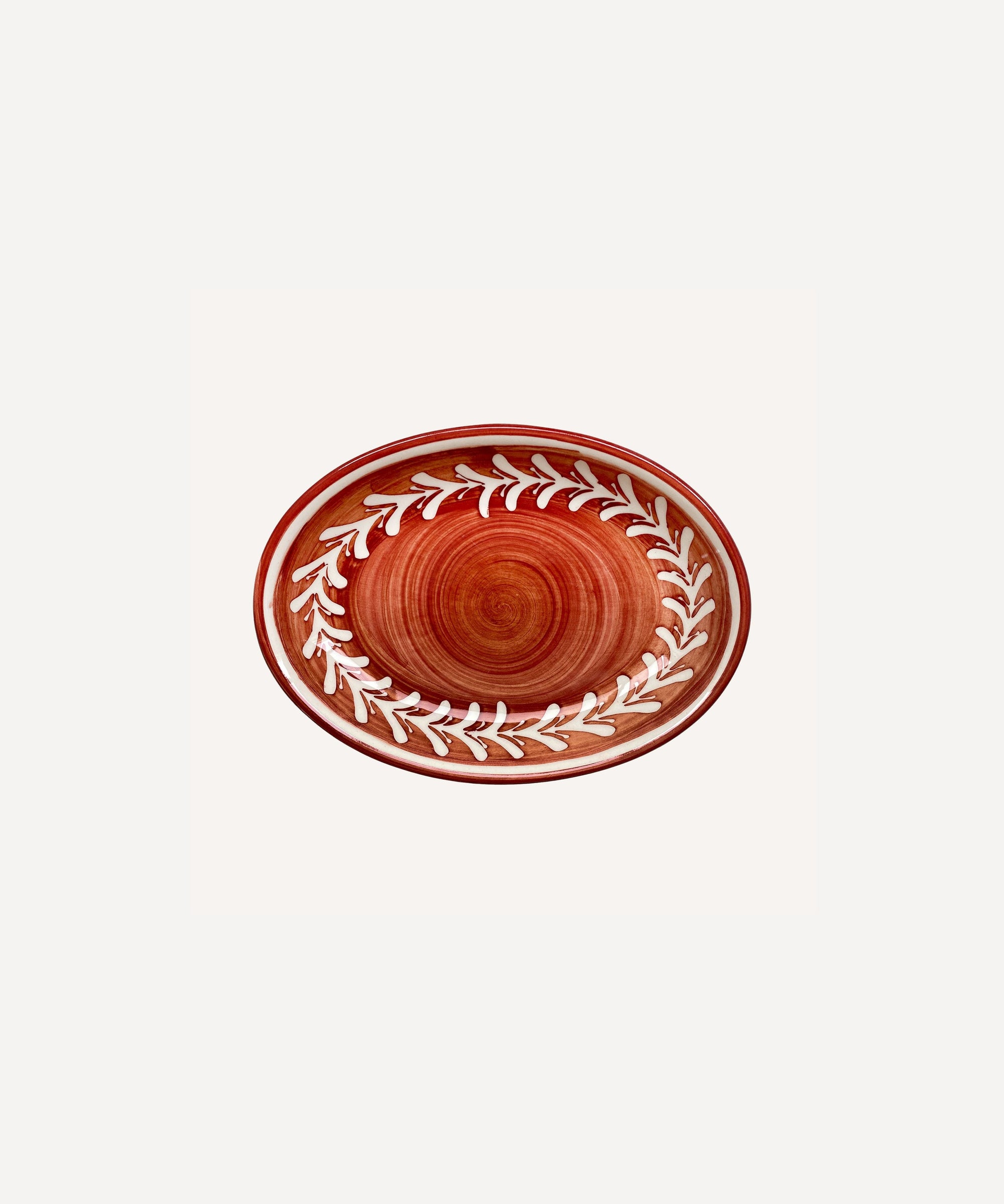 Helecho serving platter in rust red, freehand fern wreath on hand-painted ceramic