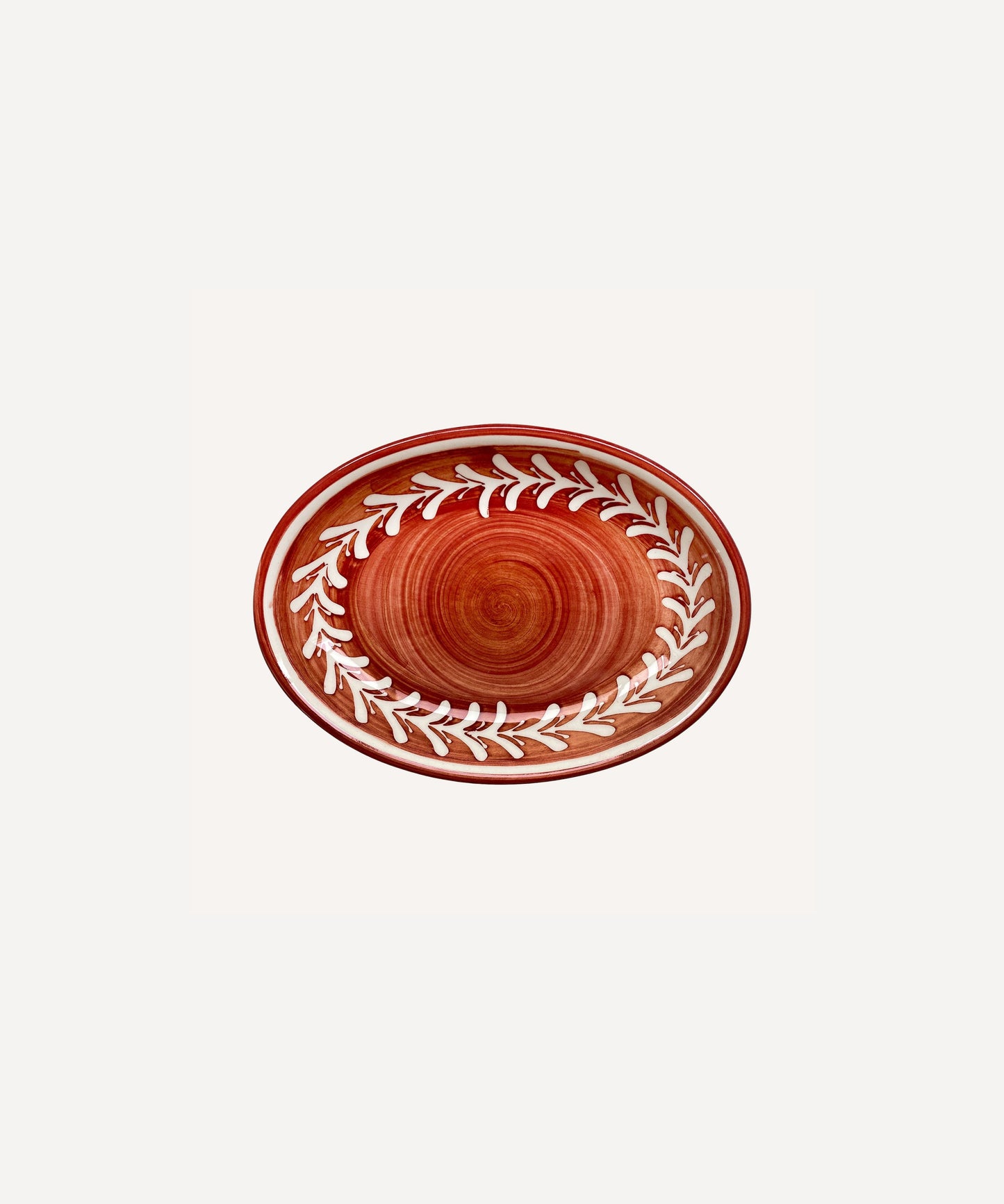 Helecho serving platter in rust red, freehand fern wreath on hand-painted ceramic