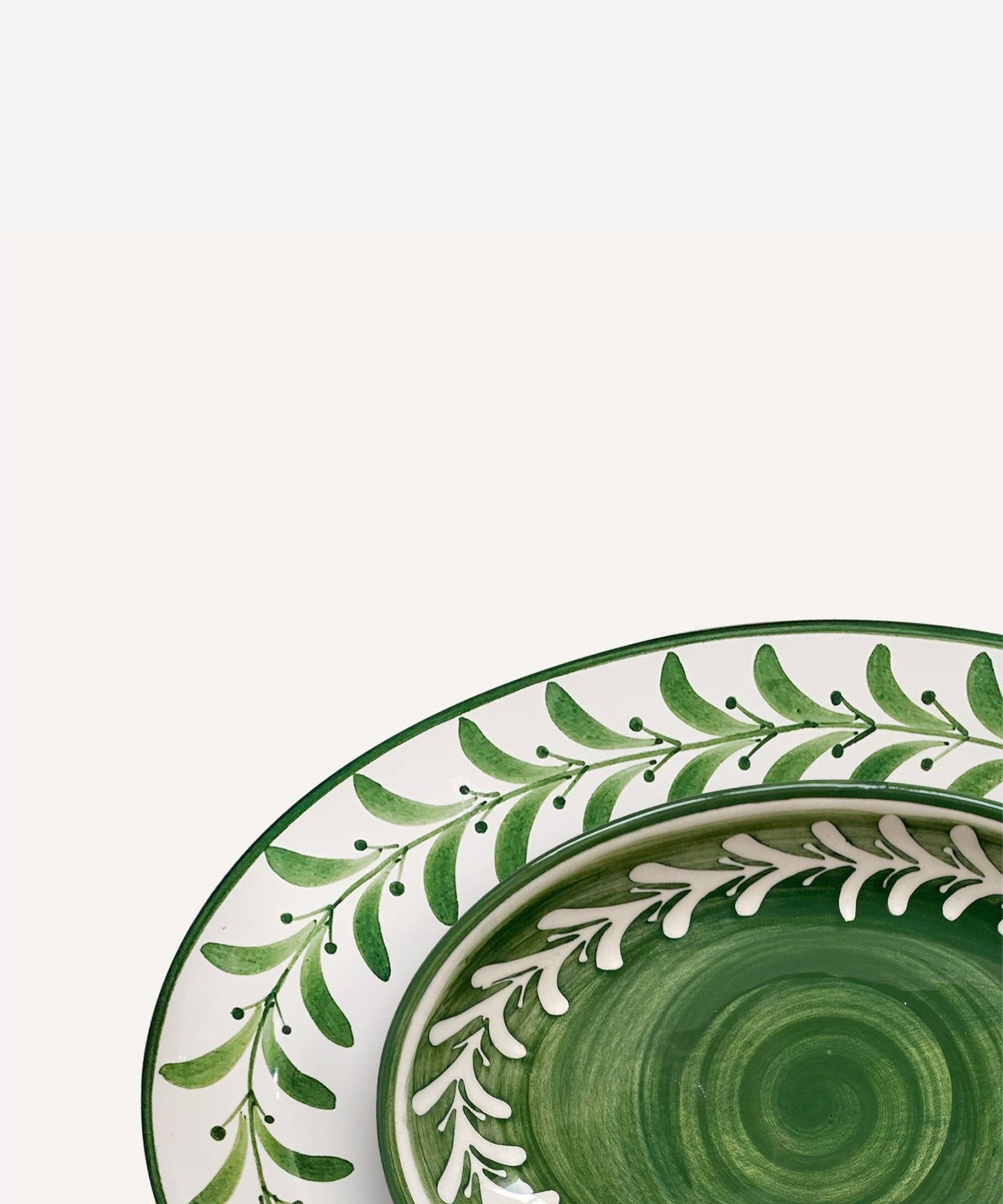 Helecho serving platter in fern green, freehand fern wreath on hand-painted ceramic