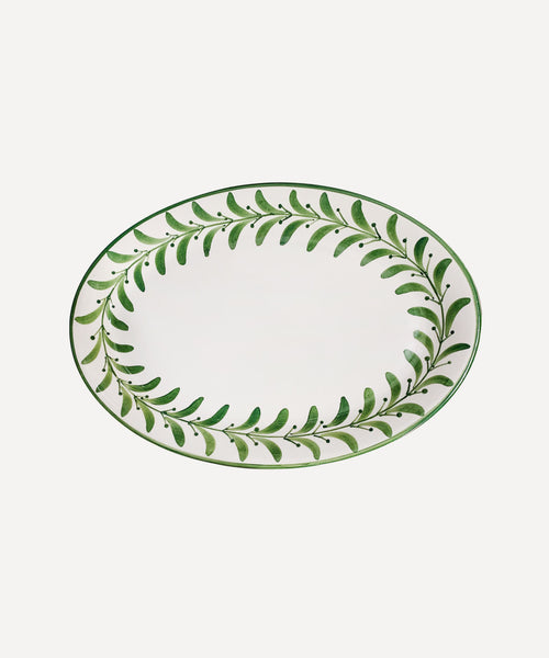Large and small fern green Helecho serving platters, hand-painted fern wreath ceramic