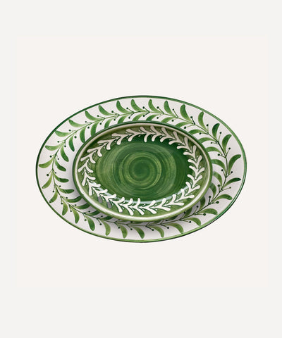 Helecho Serving Platter Set of 2 in Fern Green - hand-painted fern wreath ceramic, Carmen del Viboral, Colombia