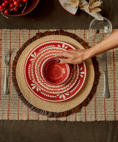 Rust Red Helecho bowl, hand-painted fern wreath Colombian ceramic