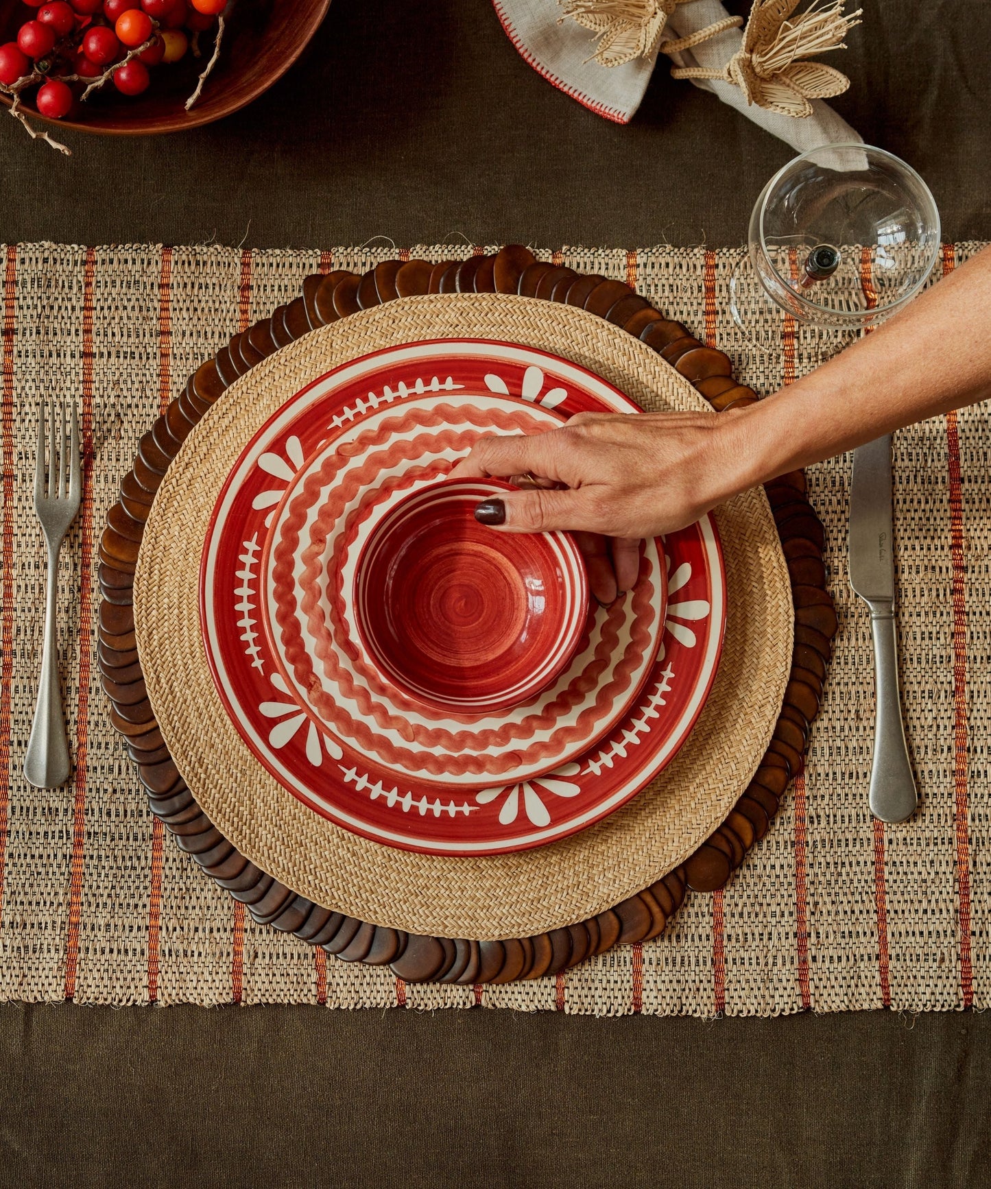 Rust Red Helecho bowl, hand-painted fern wreath Colombian ceramic