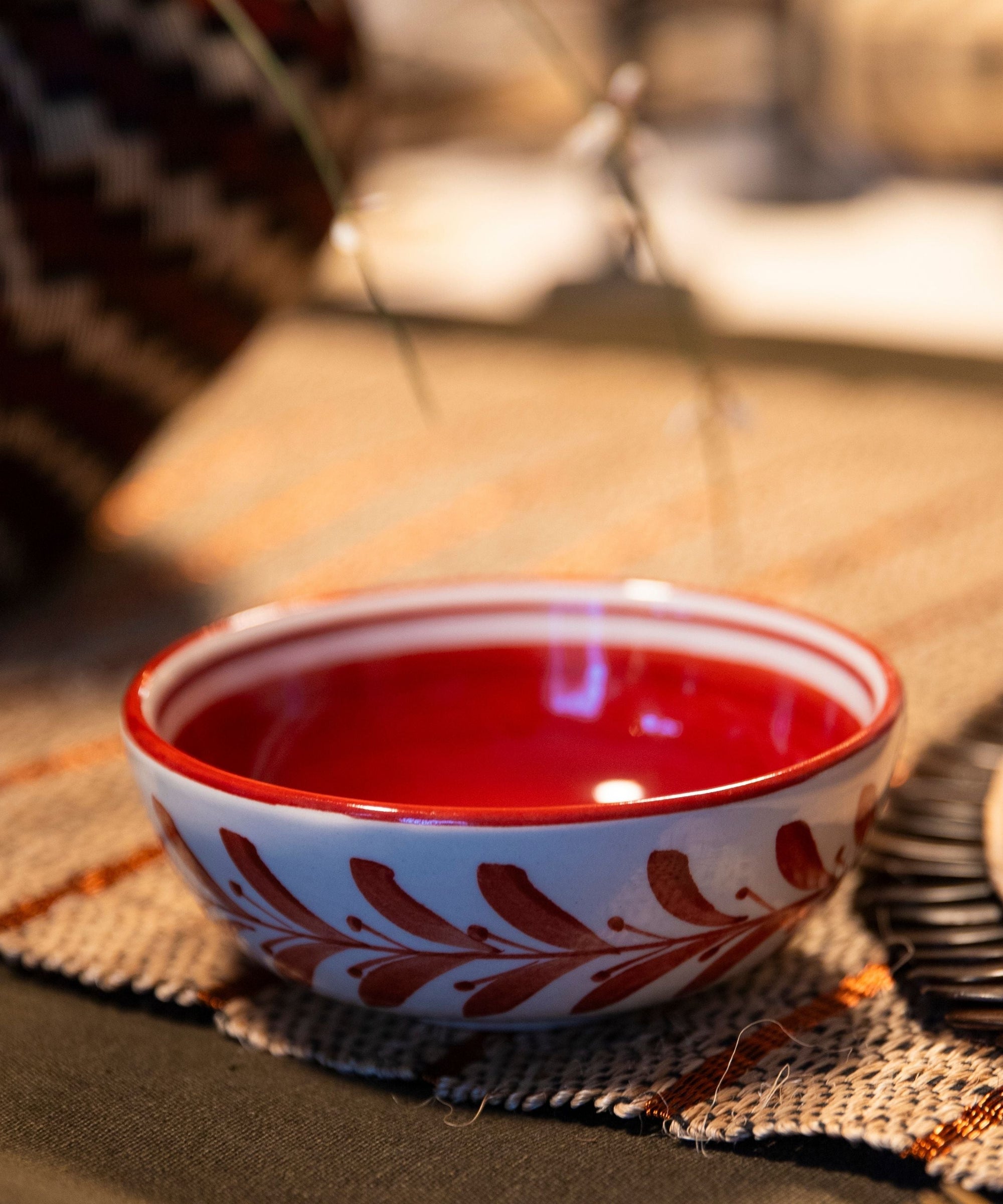 Hand-painted Helecho bowl in Rust Red, fern wreath motif, Carmen del Viboral