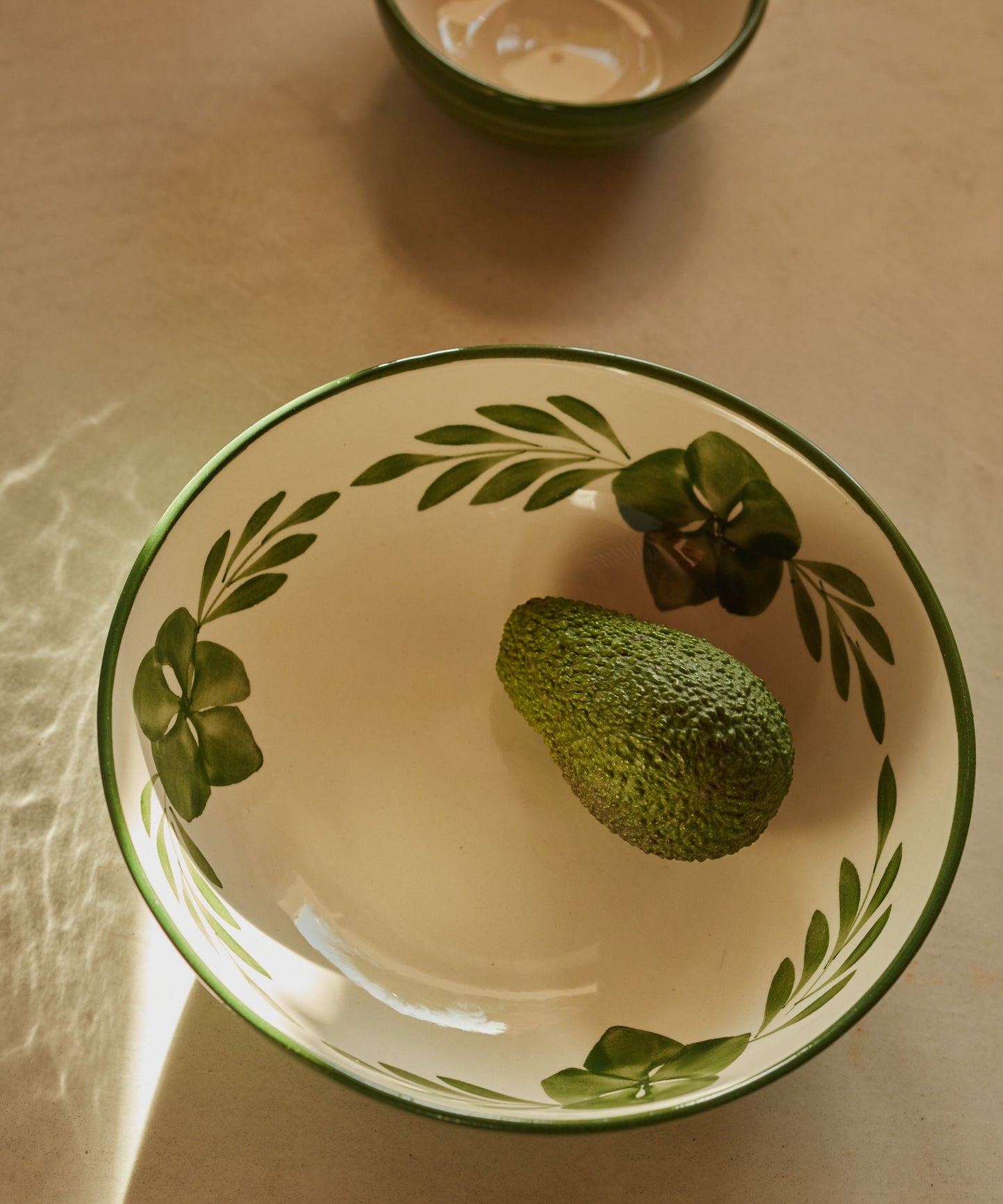 Fern Green Flor salad bowl with freehand floral motif, hand-painted ceramic