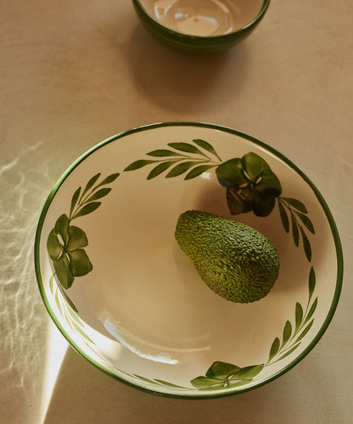 Fern Green Flor salad bowl with freehand floral motif, hand-painted ceramic