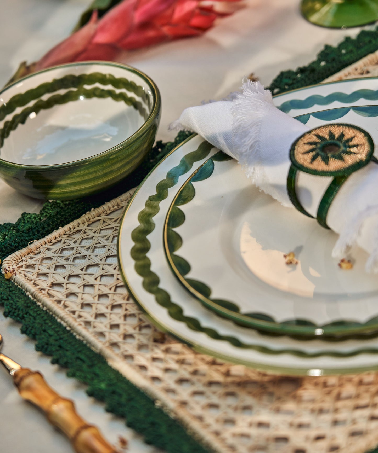 Cascos Side Plate in Fern Green, scalloped ceramic — on a table setting