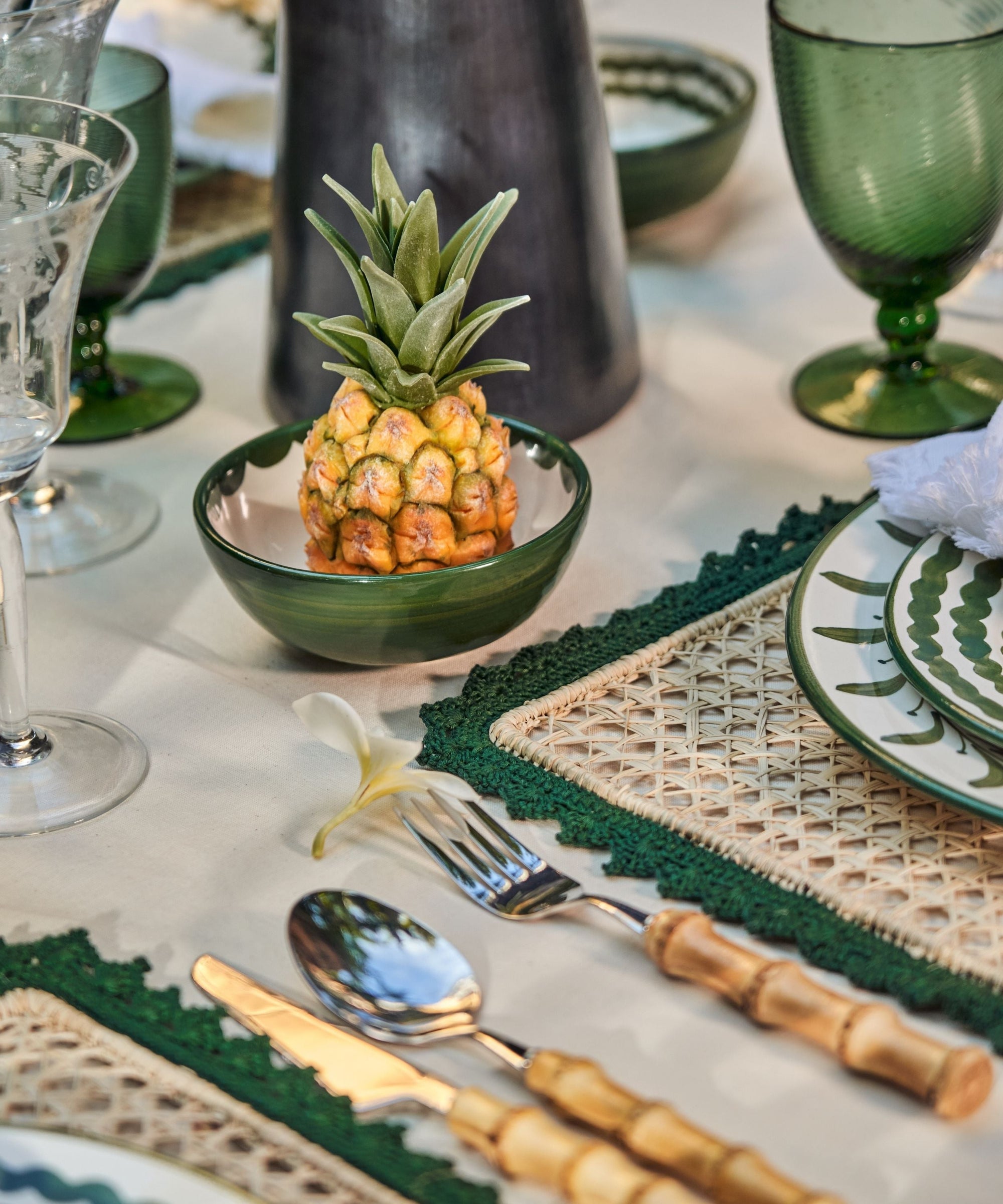 Fern Green Cascos bowl with softly scalloped form, hand-painted ceramic