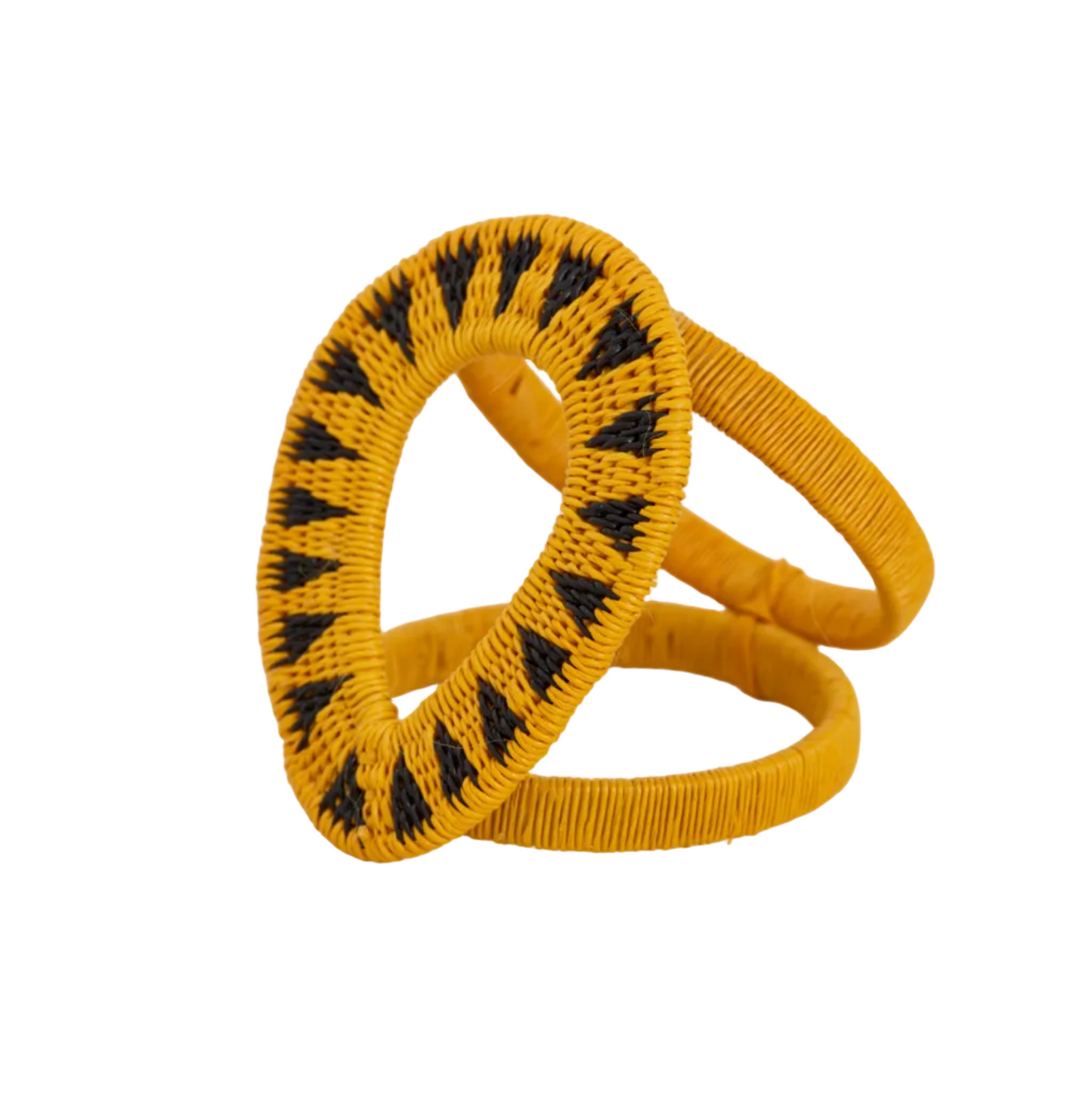 Gota Werregue napkin ring in mustard, handwoven werregue palm, holding a folded napkin