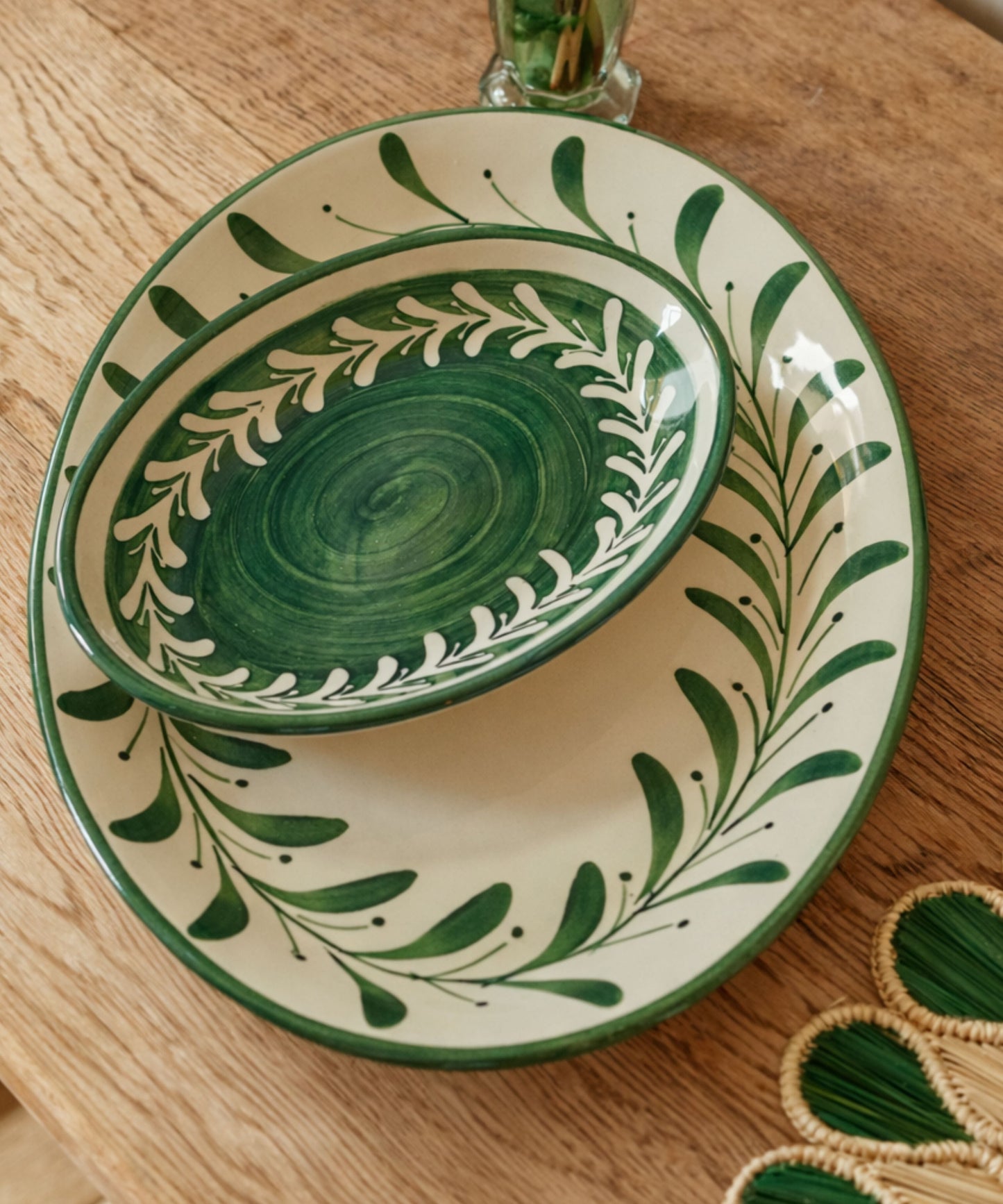 Fern green Helecho serving platters with freehand white fern wreath, hand-painted ceramic