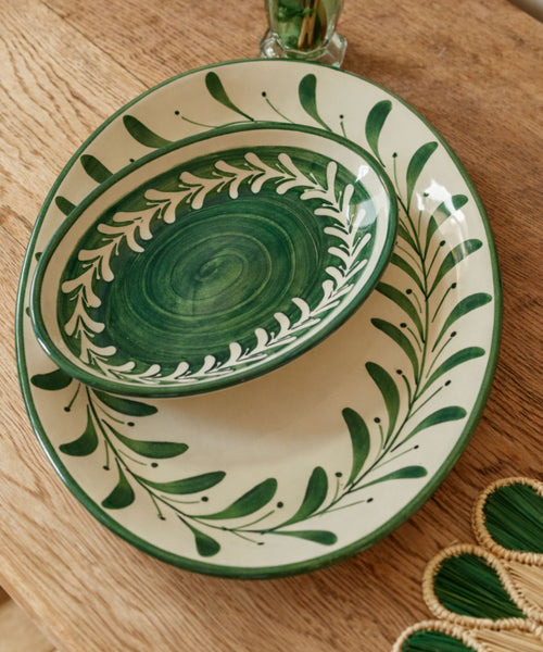 Fern green Helecho serving platters with freehand white fern wreath, hand-painted ceramic