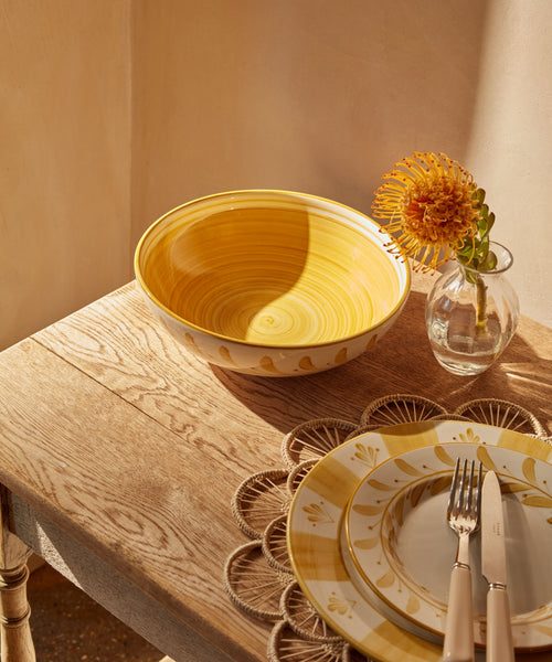 Golden Yellow Helecho salad bowl — freehand botanical fern motif on a white ground