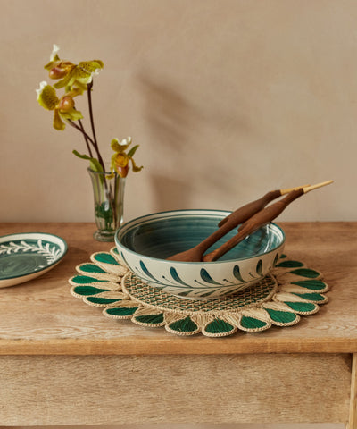 Teal Helecho salad bowl with freehand fern wreath, hand-painted ceramic