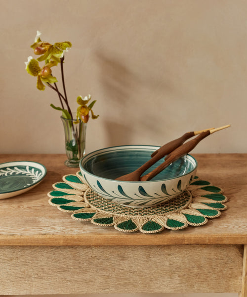 Teal Helecho salad bowl with freehand fern wreath, hand-painted ceramic