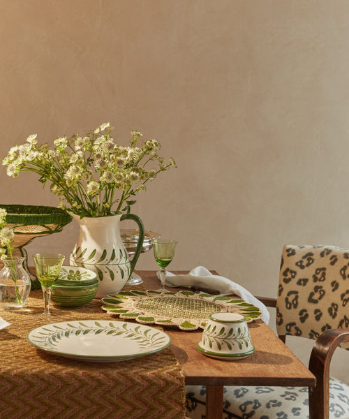 Fern Green Helecho butter dish used as a French butter dish in a lifestyle scene, highlighting the hand-painted fern wreath on Colombian ceramic.