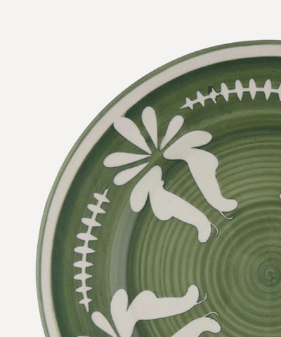 Flor Dinner Plate in Fern Green, hand-painted floral ceramic — side profile