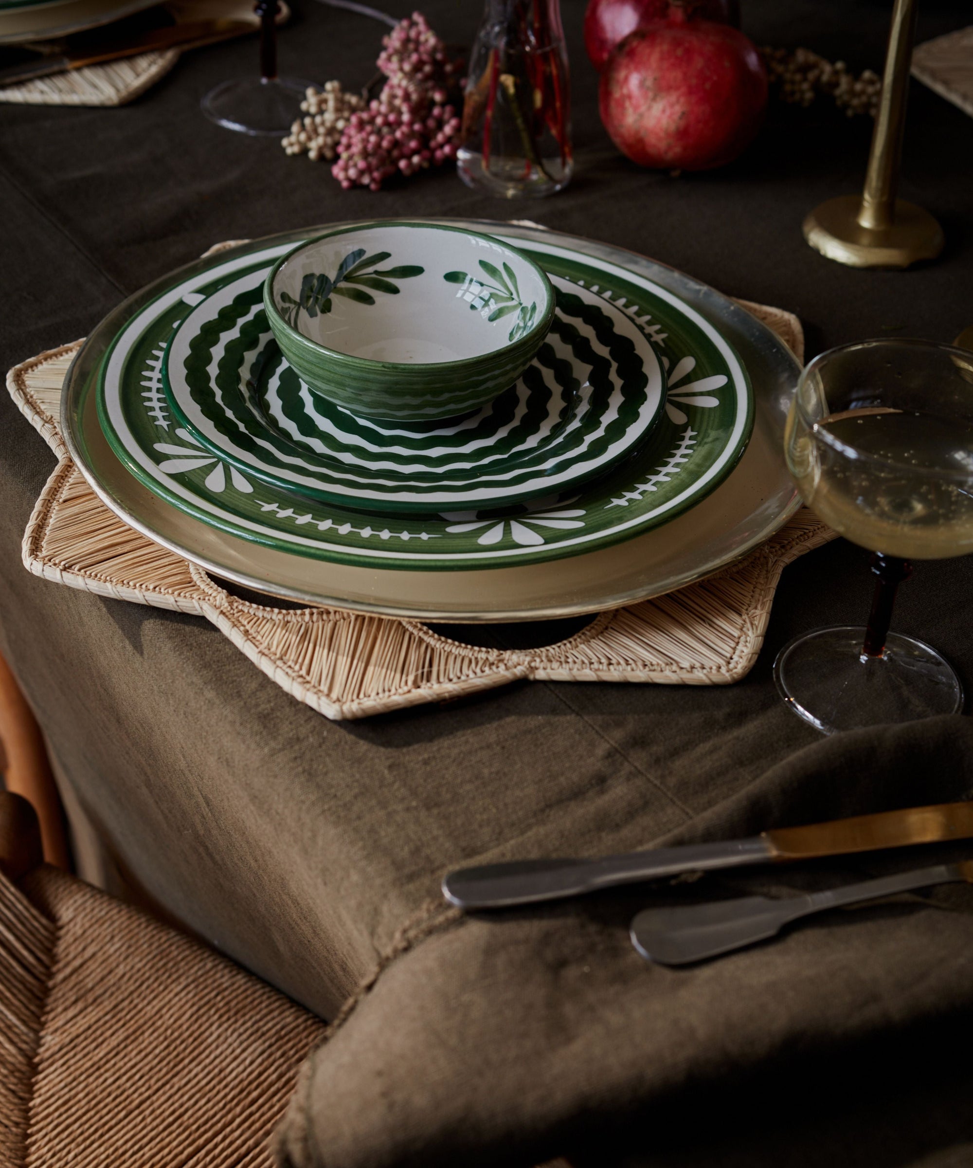 Flor Dinner Plate in Fern Green, hand-painted floral ceramic — overhead view