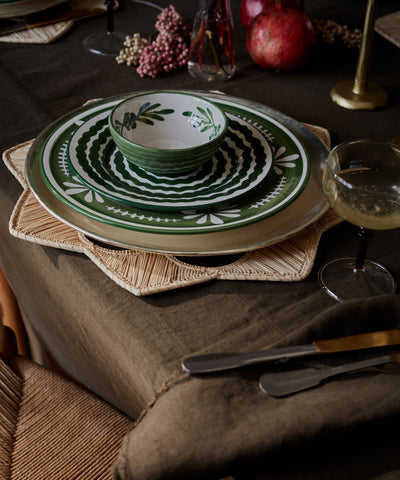 Flor Dinner Plate in Fern Green, hand-painted floral ceramic — overhead view