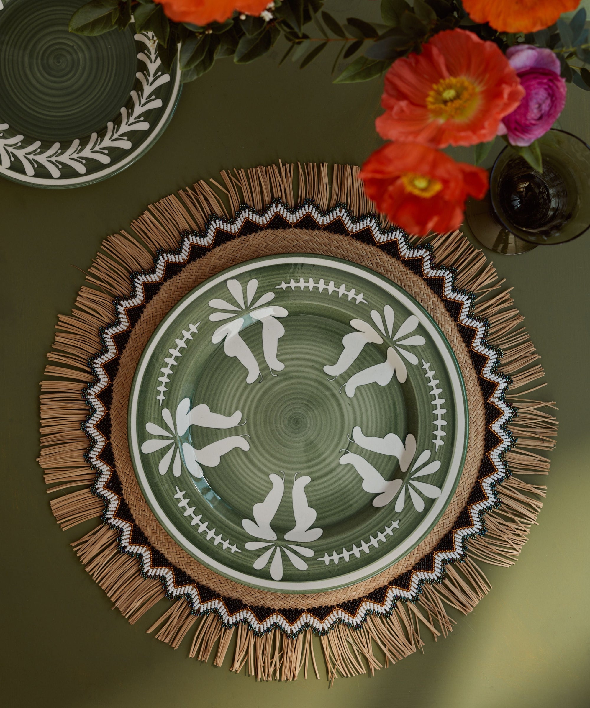 Flor Dinner Plate in Fern Green — detail of the hand-painted floral motif
