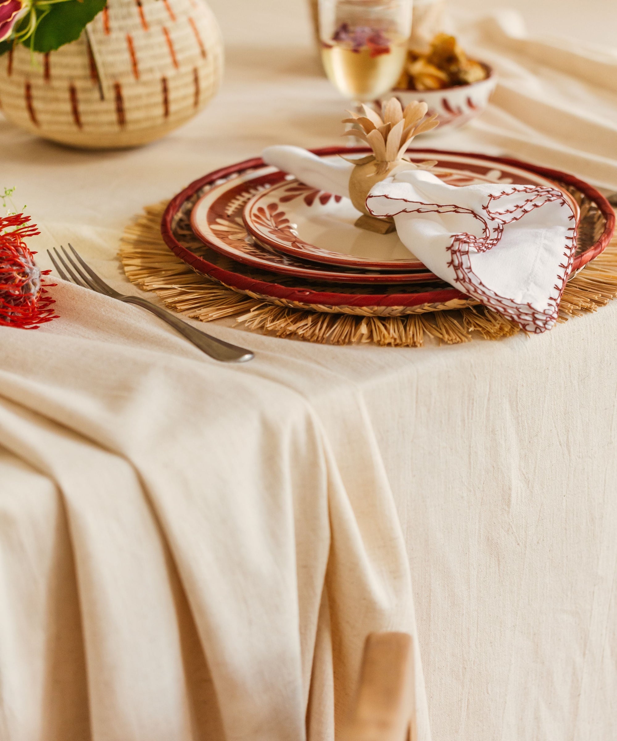 Flor Dinner Plate in Rust Red, hand-painted floral ceramic — side profile