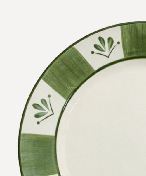 Flor de Lis Dinner Plate in Fern Green — detail of the hand-painted floral motif
