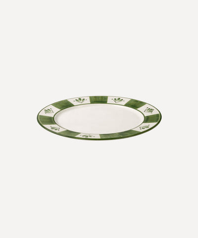 Flor de Lis Dinner Plate in Fern Green, floral ceramic — overhead view