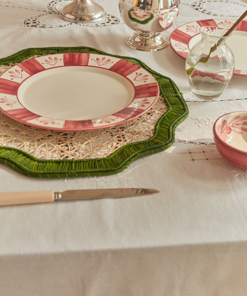 Hand-painted Flor de Lis Dinner Plate in Vintage Rose, fleur-de-lis floral motif.
