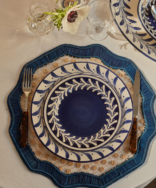 Helecho Dinner Plate Deep Blue styled for evening dining — Colombian hand-painted ceramic