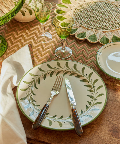 Helecho Dinner Plate Fern Green styled with salad — Colombian hand-painted tableware
