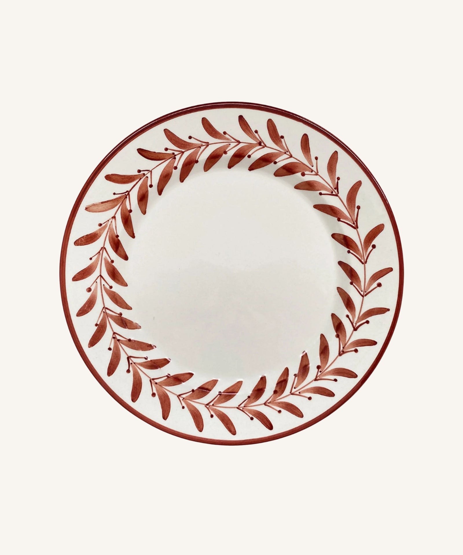 Helecho Dinner Plate Rust Red — hand-painted fern wreath ceramic, main view