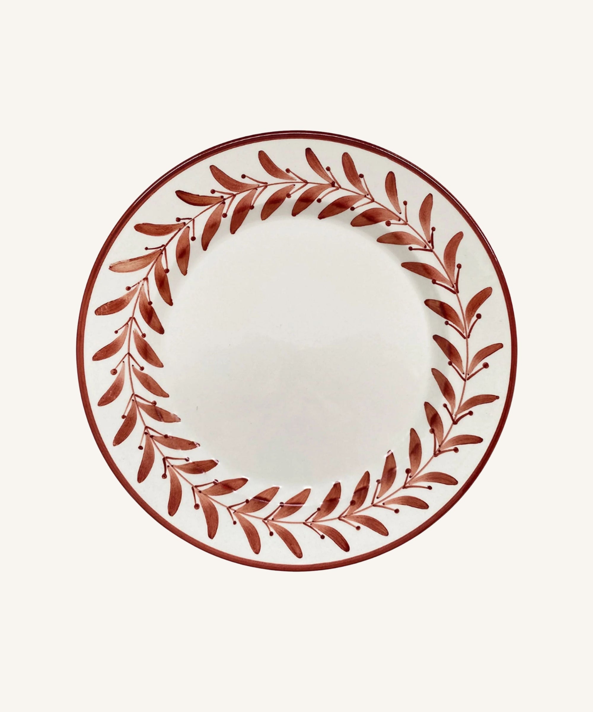 Helecho Dinner Plate Rust Red — hand-painted fern wreath ceramic, main view
